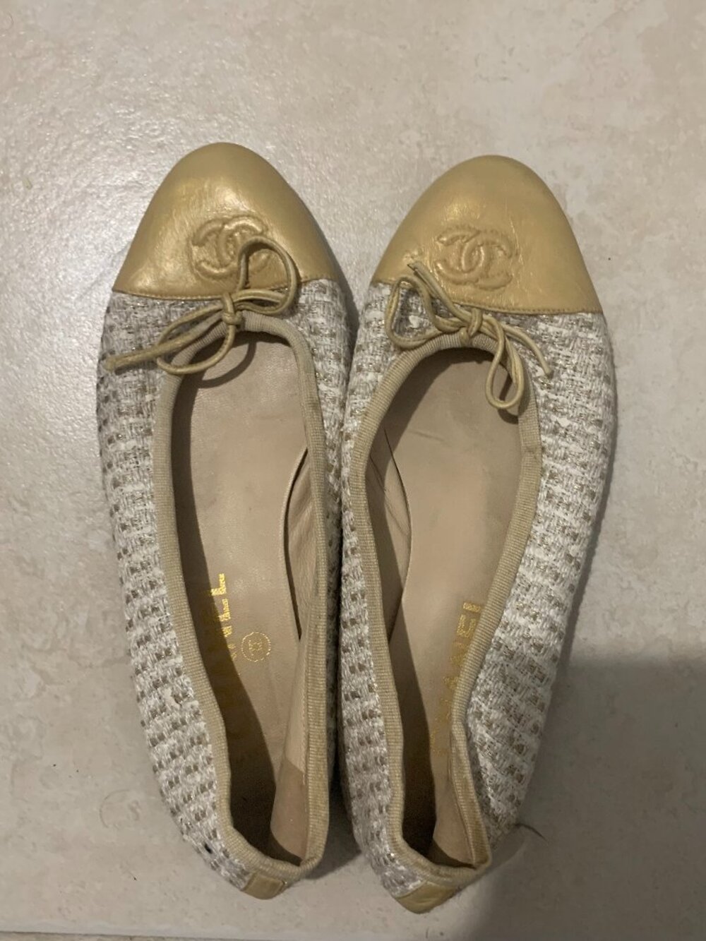 Chanel Gold Tweed Ballet Flats Size 37 Good Condition